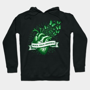 Mental Health Awareness Heart Butterflies Green Hoodie